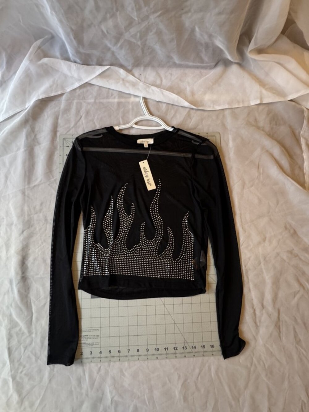 Urban Rose NWT Black Sheer Mesh Rhinestone Flame Crop Top M